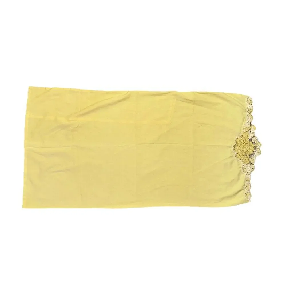 2 Vintage Handmade Pillowcases Pair Yellow Crochet Flower Trim -1 Damaged-